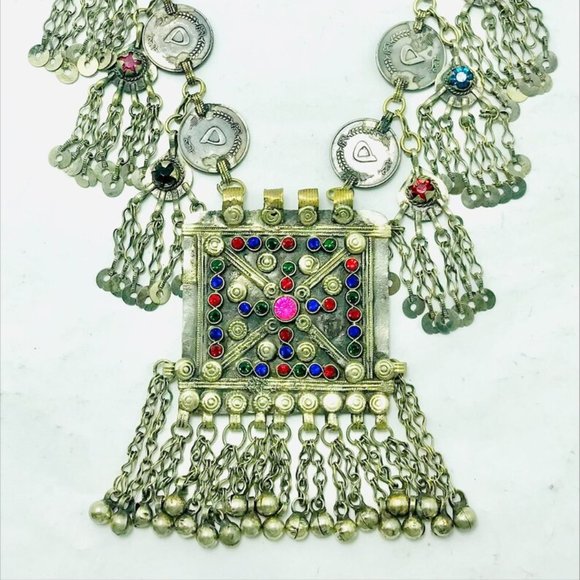 Silver Vintage Coins Chain Necklace, Tribal Big Pendant Necklace - Picture 2 of 9